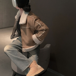 소프트 스웨이드 양털 데일리 카라 크롭 스탠다드핏 무스탕 모카브라운