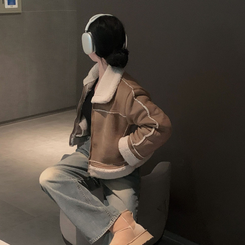 소프트 스웨이드 양털 데일리 카라 크롭 스탠다드핏 무스탕 모카브라운