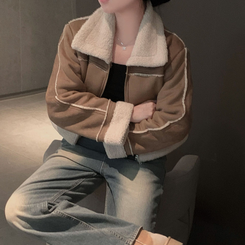 소프트 스웨이드 양털 데일리 카라 크롭 스탠다드핏 무스탕 모카브라운