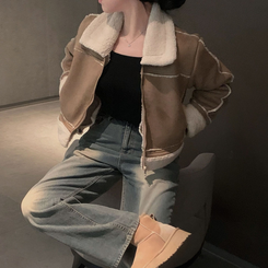 소프트 스웨이드 양털 데일리 카라 크롭 스탠다드핏 무스탕 모카브라운