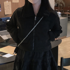 소프트 스웨이드 양털 데일리 카라 크롭 스탠다드핏 무스탕 블랙