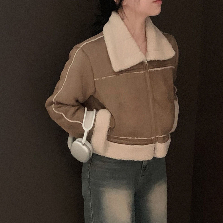 소프트 스웨이드 양털 데일리 카라 크롭 스탠다드핏 무스탕 모카브라운