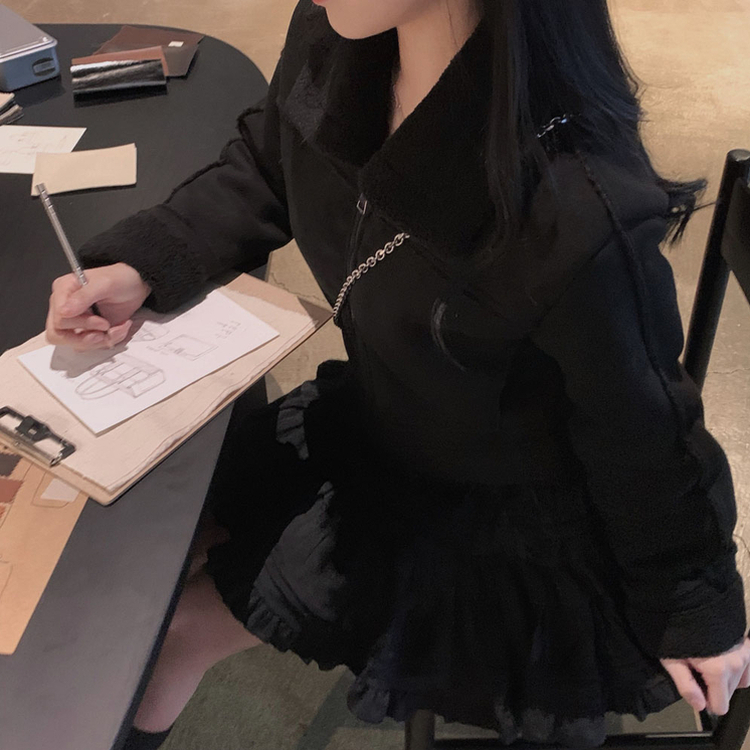 소프트 스웨이드 양털 데일리 카라 크롭 스탠다드핏 무스탕 블랙