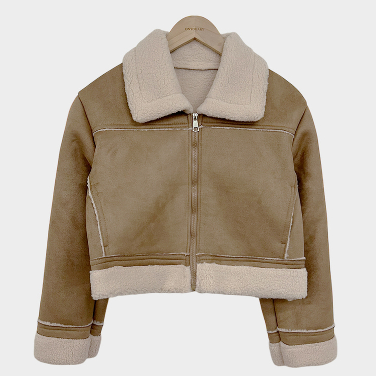 소프트 스웨이드 양털 데일리 카라 크롭 스탠다드핏 무스탕