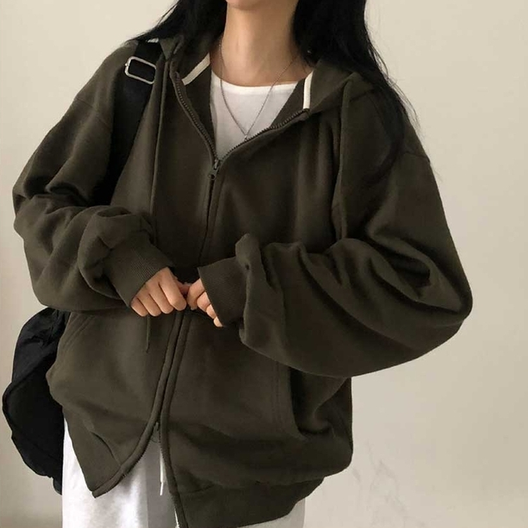 ジャンパー 無地ルーズフードジップアップ(12color) DARK KHAKI