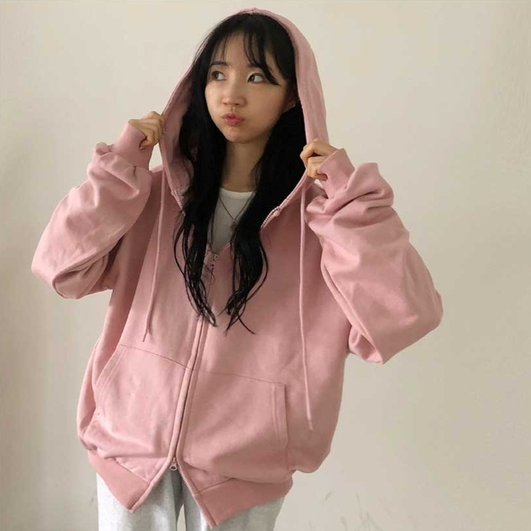 ジャンパー 無地ルーズフードジップアップ(12color) LIGHT PINK