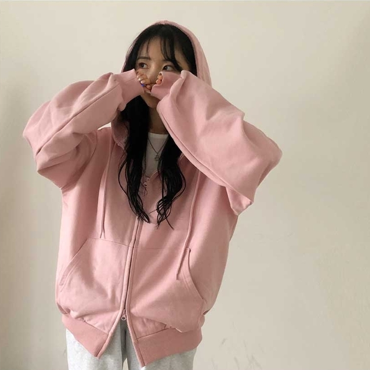 ジャンパー 無地ルーズフードジップアップ(12color) LIGHT PINK