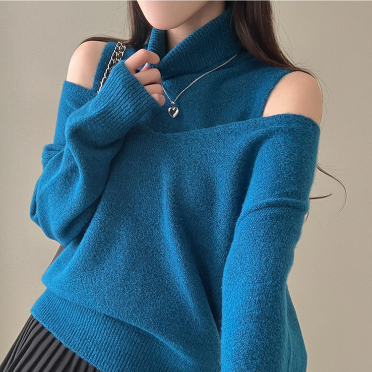 레빗 레이어드 폴라 브이넥 니트 투피스 세트 블루