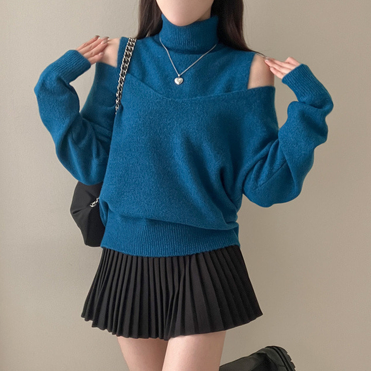 레빗 레이어드 폴라 브이넥 니트 투피스 세트 블루