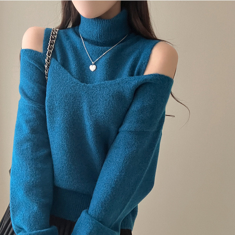 레빗 레이어드 폴라 브이넥 니트 투피스 세트 블루