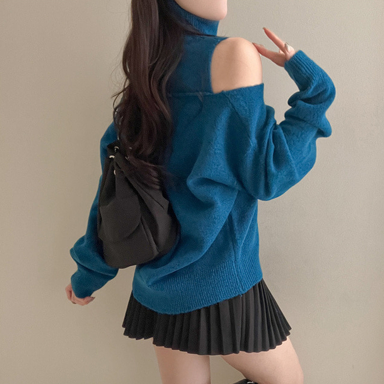 레빗 레이어드 폴라 브이넥 니트 투피스 세트 블루