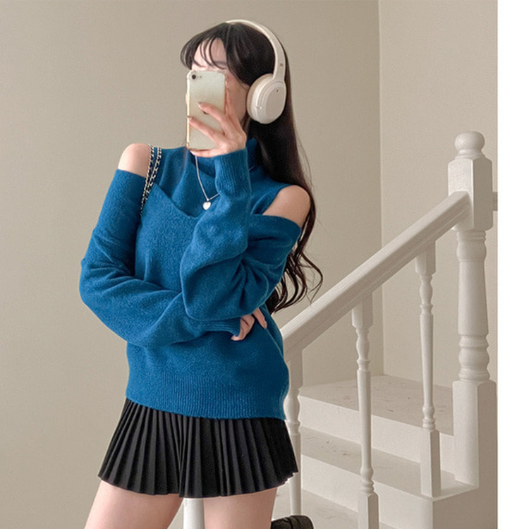 레빗 레이어드 폴라 브이넥 니트 투피스 세트 블루