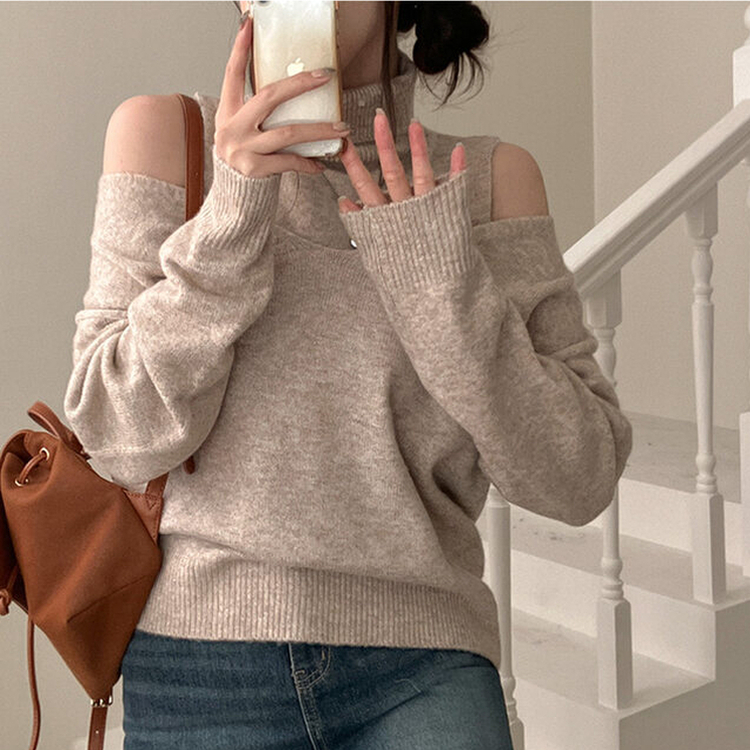 레빗 레이어드 폴라 브이넥 니트 투피스 세트 베이지