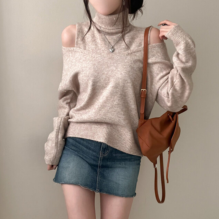 레빗 레이어드 폴라 브이넥 니트 투피스 세트 베이지