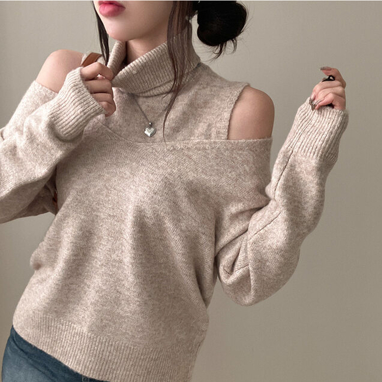 레빗 레이어드 폴라 브이넥 니트 투피스 세트 베이지