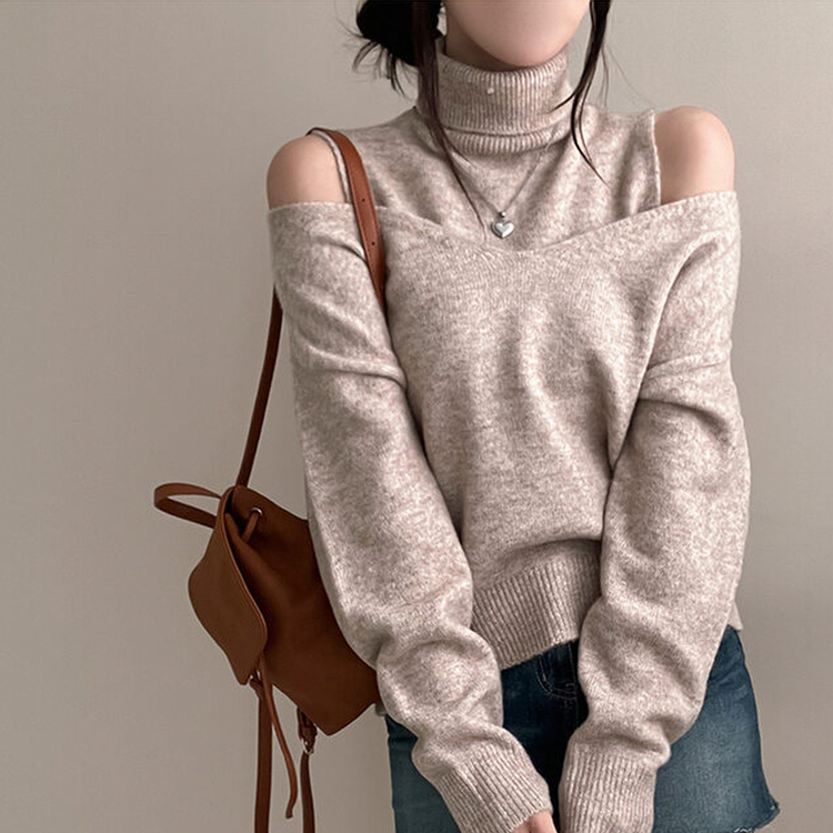 레빗 레이어드 폴라 브이넥 니트 투피스 세트 베이지