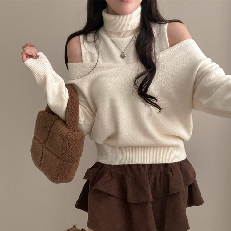 레빗 레이어드 폴라 브이넥 니트 투피스 세트 아이보리