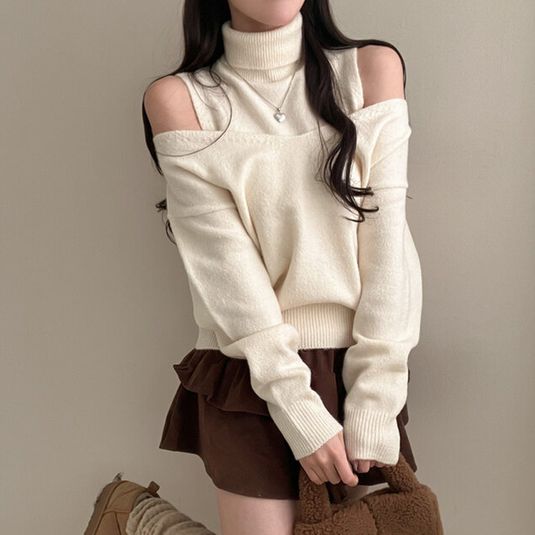 레빗 레이어드 폴라 브이넥 니트 투피스 세트 아이보리