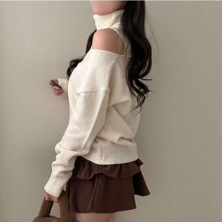 레빗 레이어드 폴라 브이넥 니트 투피스 세트 아이보리