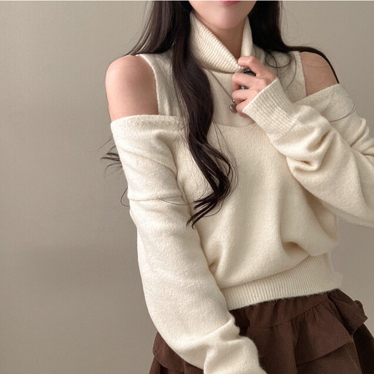 레빗 레이어드 폴라 브이넥 니트 투피스 세트 아이보리