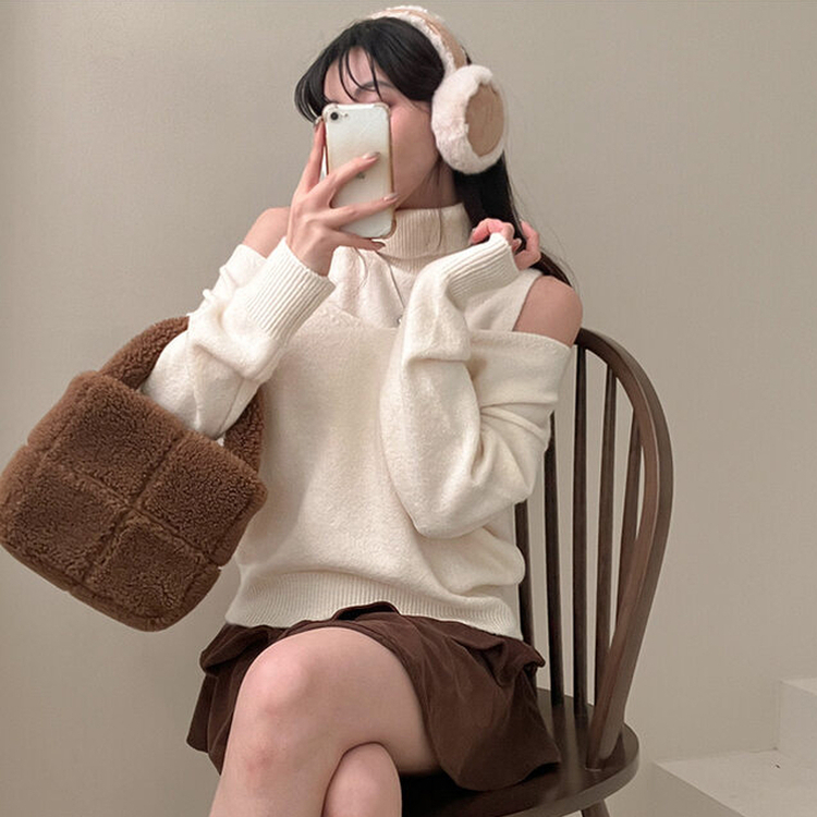 레빗 레이어드 폴라 브이넥 니트 투피스 세트 아이보리