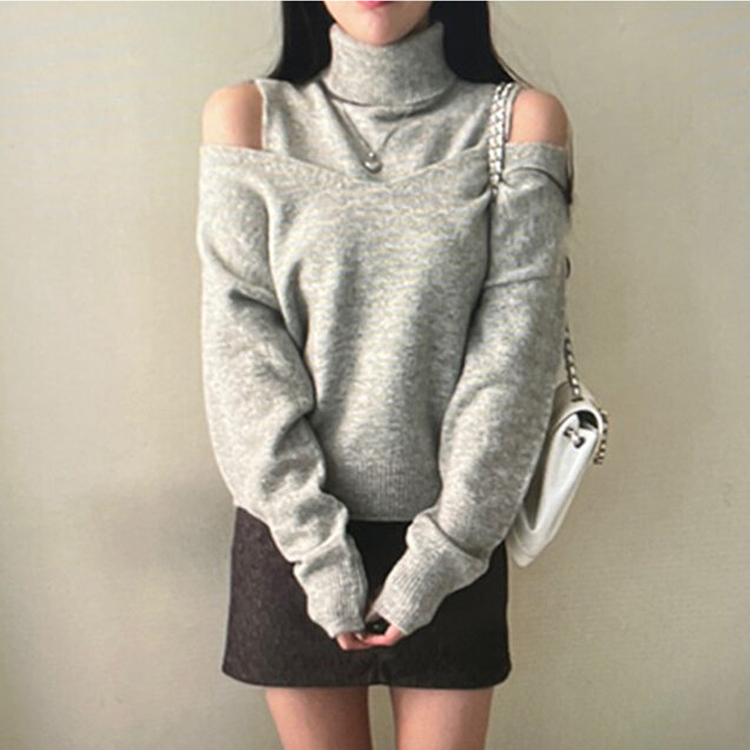 레빗 레이어드 폴라 브이넥 니트 투피스 세트 그레이