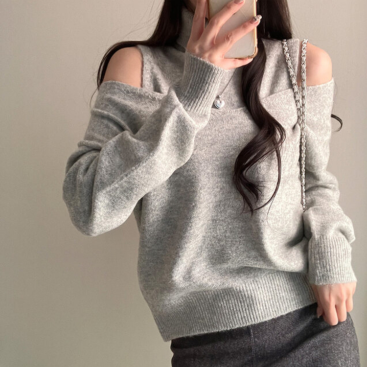 레빗 레이어드 폴라 브이넥 니트 투피스 세트 그레이