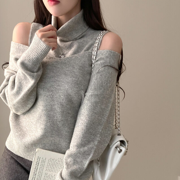 레빗 레이어드 폴라 브이넥 니트 투피스 세트 그레이