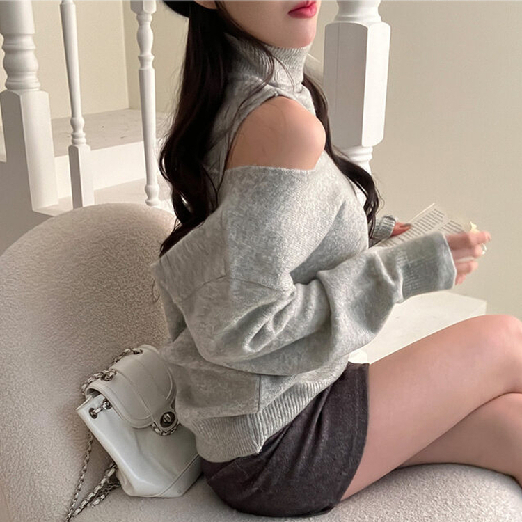 레빗 레이어드 폴라 브이넥 니트 투피스 세트 그레이