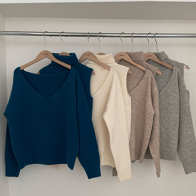 레빗 레이어드 폴라 브이넥 니트 투피스 세트