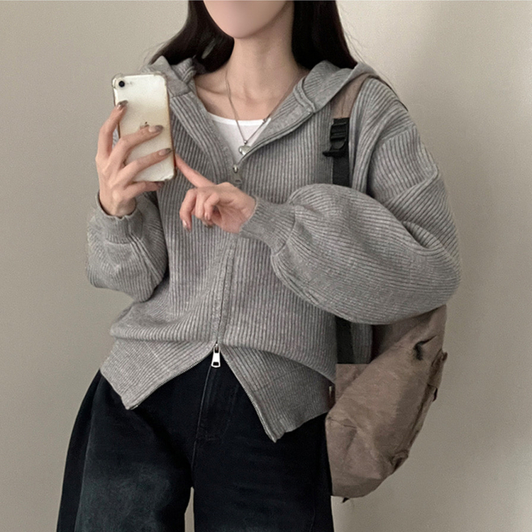 디뉴트 아방소매 투웨이 니트 후드 집업 그레이