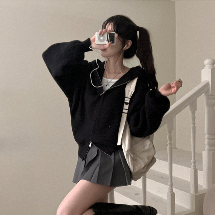 디뉴트 아방소매 투웨이 니트 후드 집업 블랙