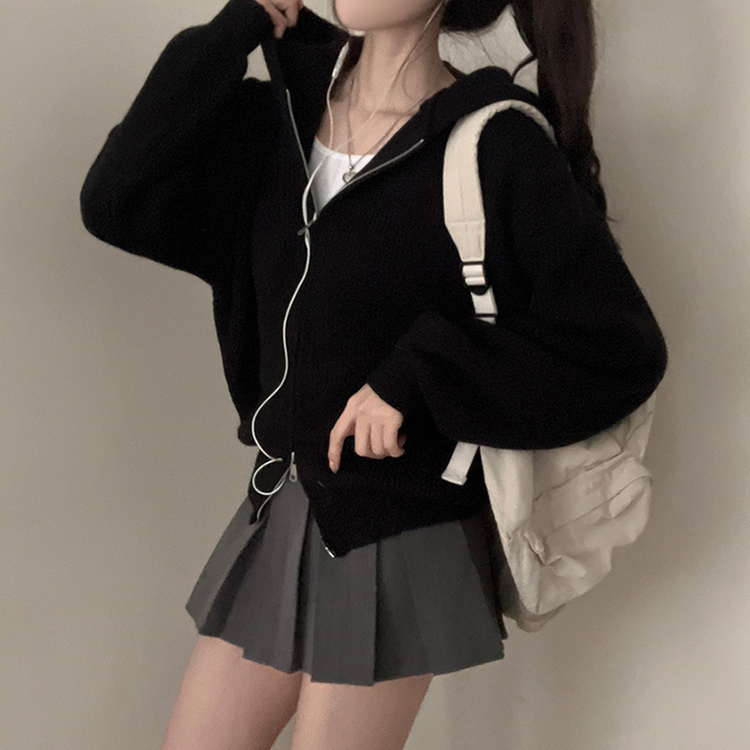 디뉴트 아방소매 투웨이 니트 후드 집업 블랙