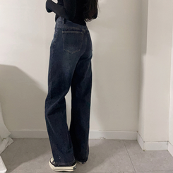 【丈別】【起毛】ハイウエストストレートワイドデニムパンツ(5color) DARK DENIM