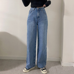 【丈別】【起毛】ハイウエストストレートワイドデニムパンツ(5color) LIGHT DENIM