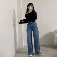 【丈別】【起毛】ハイウエストストレートワイドデニムパンツ(5color) LIGHT DENIM