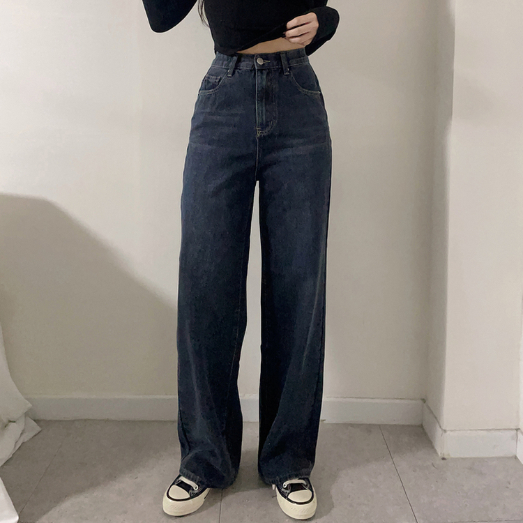 【丈別】【起毛】ハイウエストストレートワイドデニムパンツ(5color) DARK DENIM