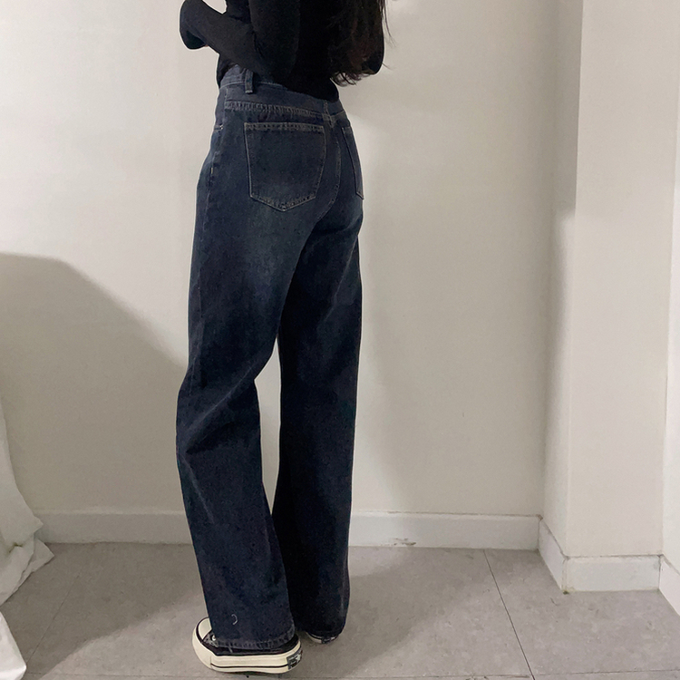 【丈別】【起毛】ハイウエストストレートワイドデニムパンツ(5color) DARK DENIM