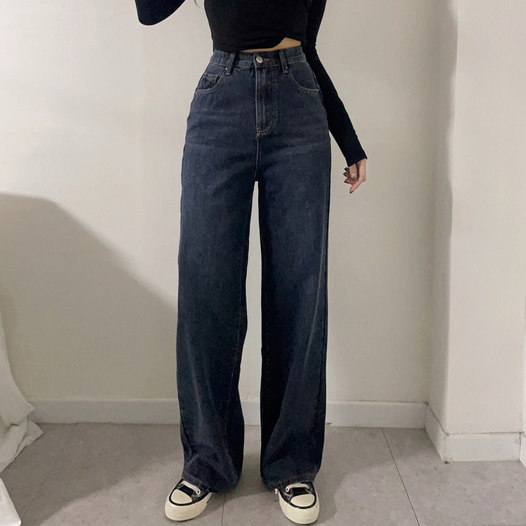 【丈別】【起毛】ハイウエストストレートワイドデニムパンツ(5color) DARK DENIM