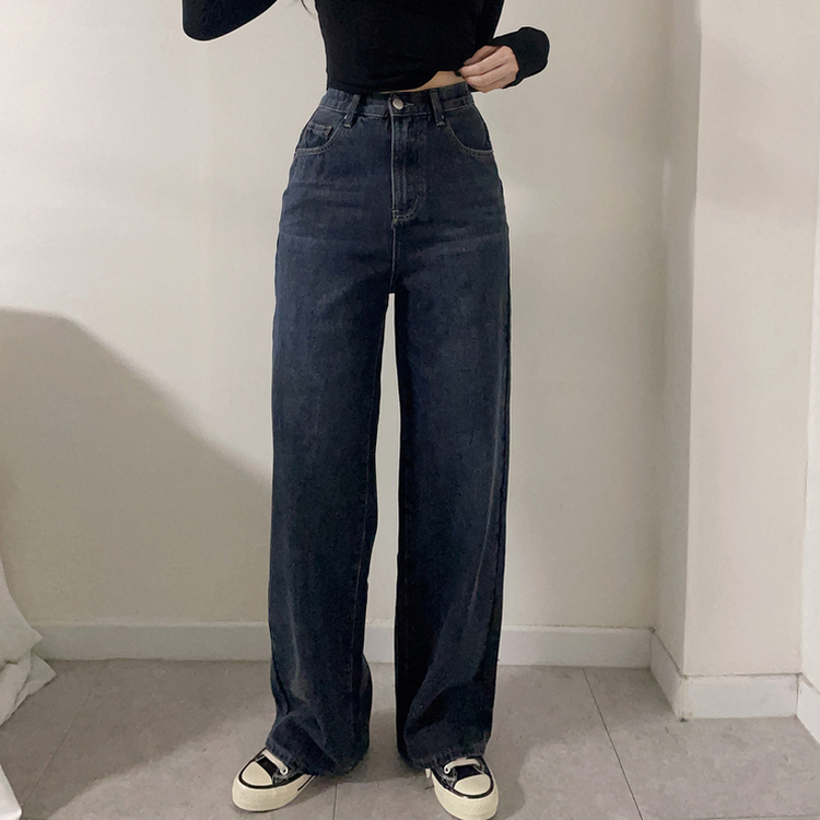 【丈別】【起毛】ハイウエストストレートワイドデニムパンツ(5color) DARK DENIM