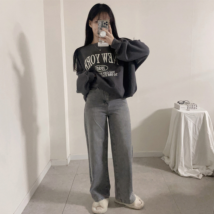 【丈別】【起毛】ハイウエストストレートワイドデニムパンツ(5color) GRAY