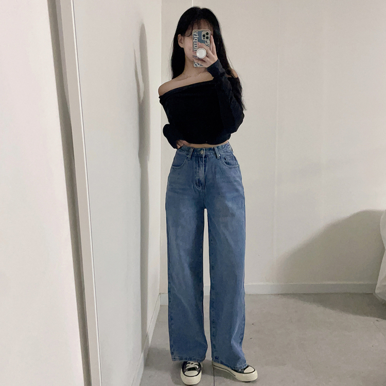 【丈別】【起毛】ハイウエストストレートワイドデニムパンツ(5color) LIGHT DENIM