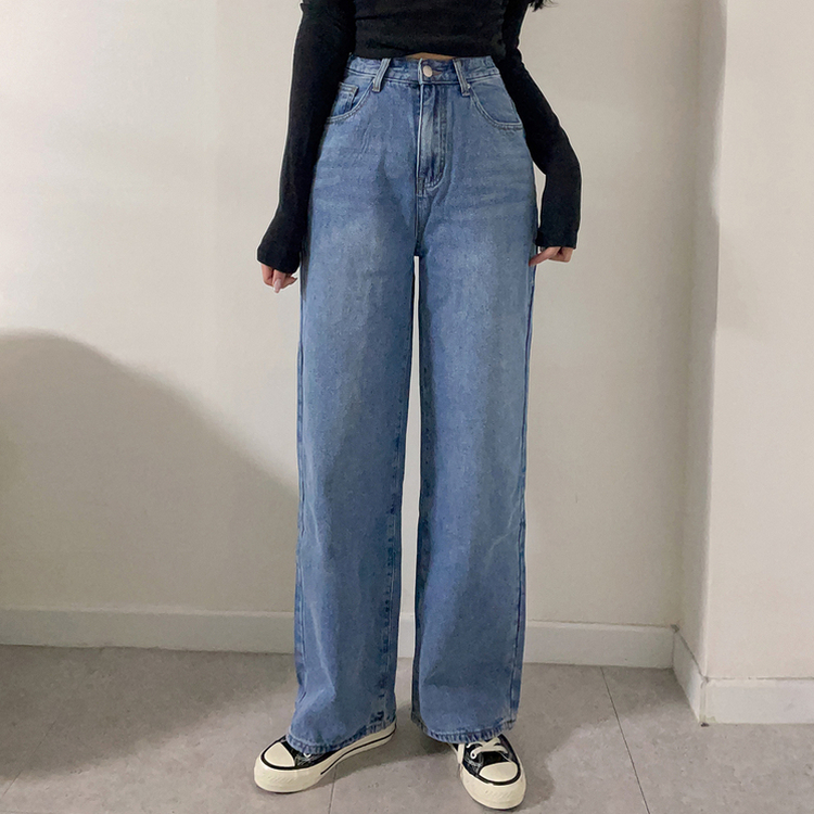 【丈別】【起毛】ハイウエストストレートワイドデニムパンツ(5color) LIGHT DENIM