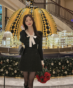 ラウンドネックリボンセミクロップニット BLACK