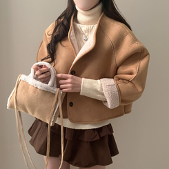 제티브라운 양털 안감 크로스백 세트 노카라 스웨이드 무스탕 자켓 베이지