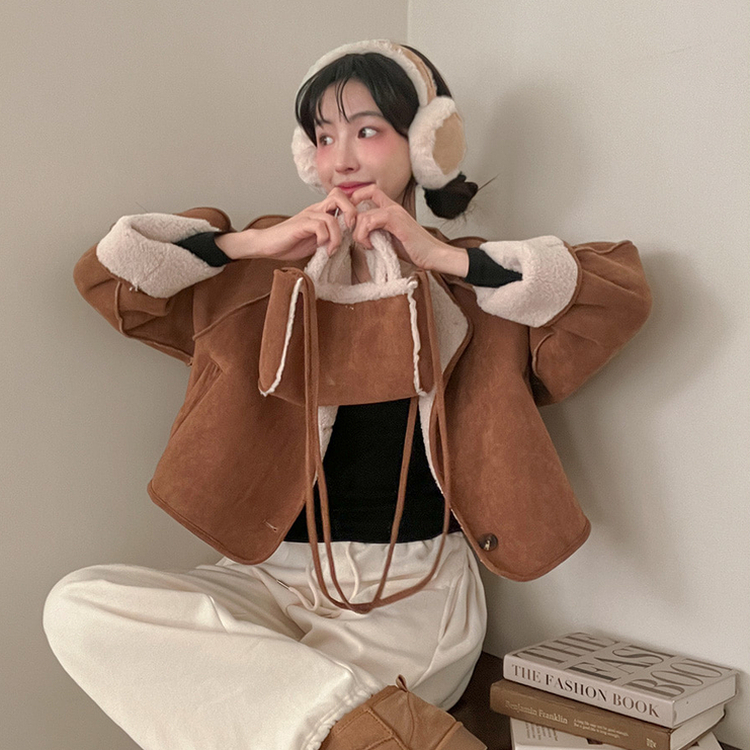 제티브라운 양털 안감 크로스백 세트 노카라 스웨이드 무스탕 자켓 브라운