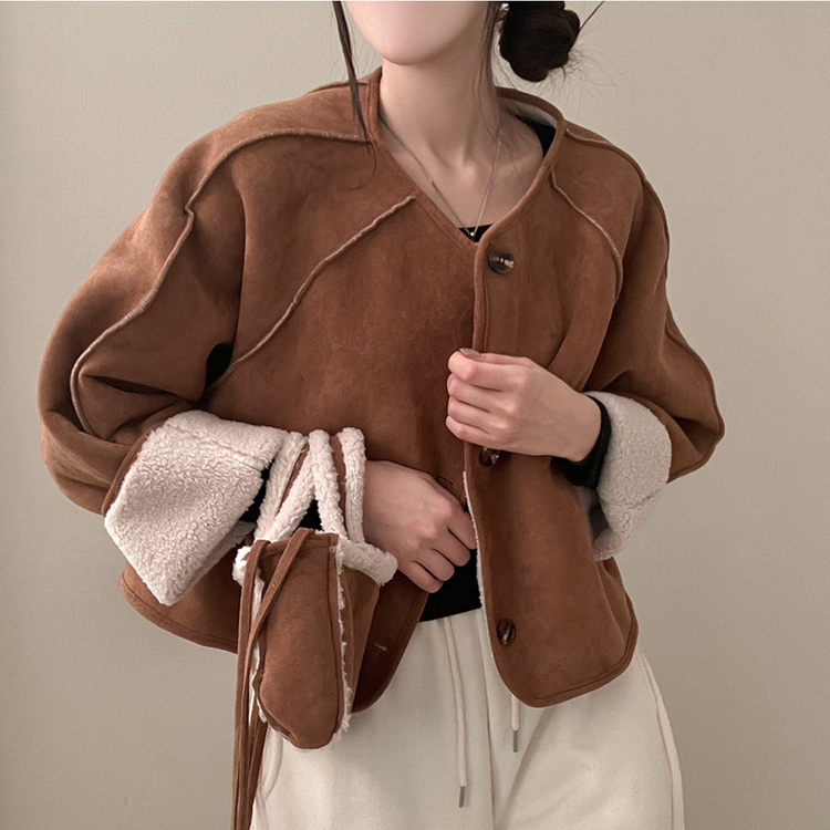 제티브라운 양털 안감 크로스백 세트 노카라 스웨이드 무스탕 자켓 브라운