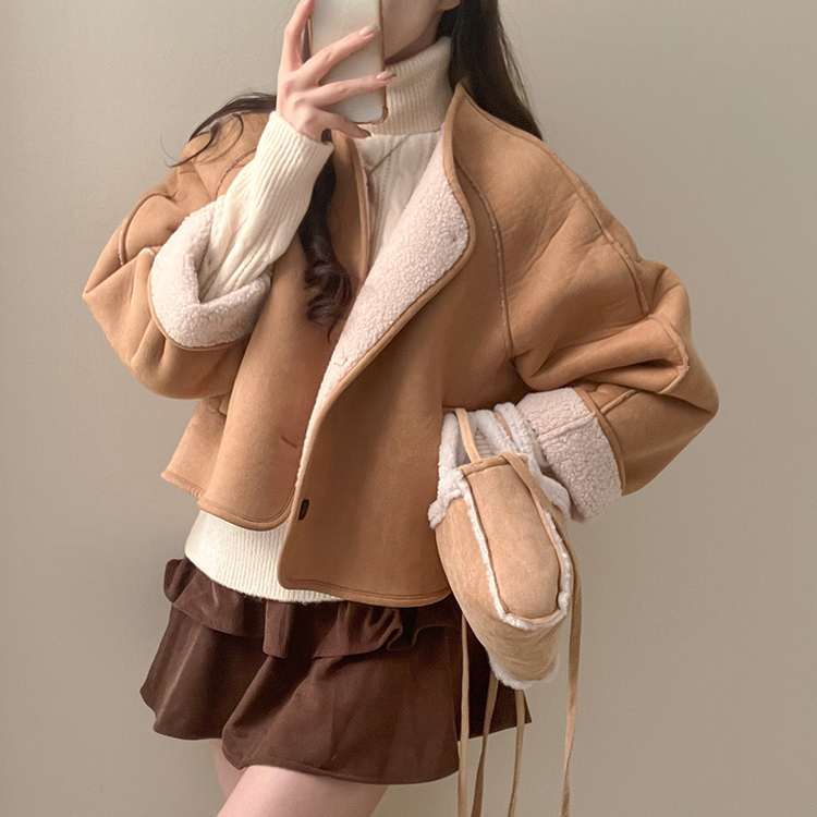 제티브라운 양털 안감 크로스백 세트 노카라 스웨이드 무스탕 자켓 베이지