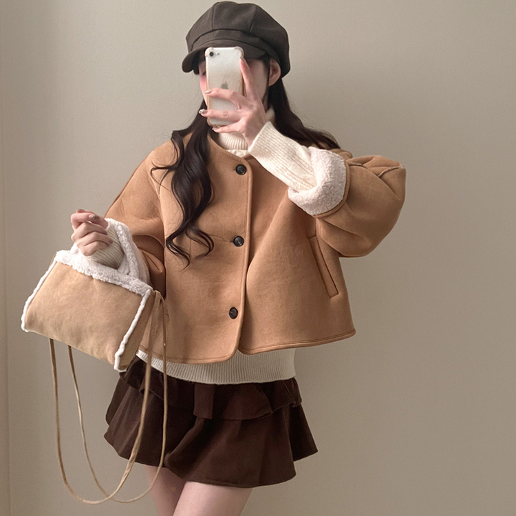 제티브라운 양털 안감 크로스백 세트 노카라 스웨이드 무스탕 자켓 베이지