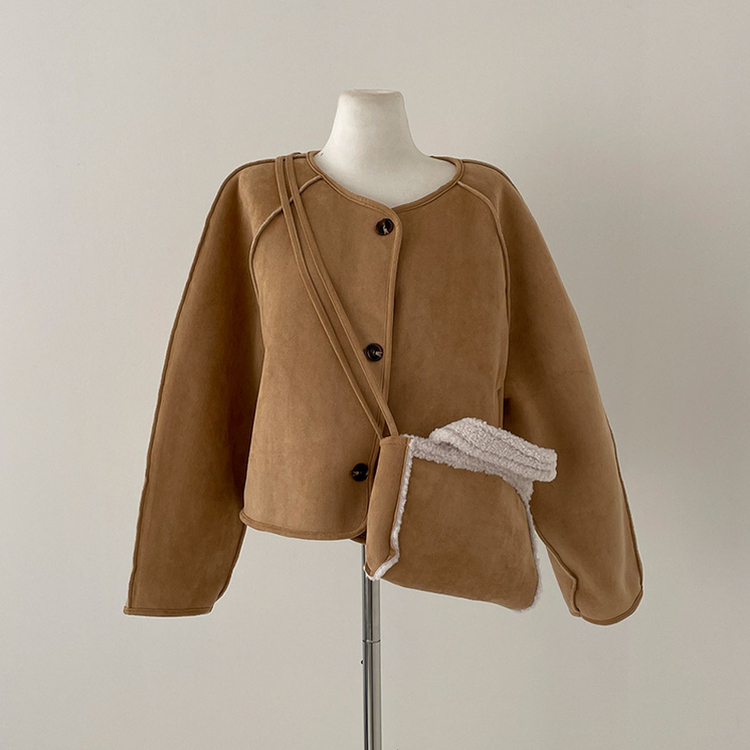 제티브라운 양털 안감 크로스백 세트 노카라 스웨이드 무스탕 자켓